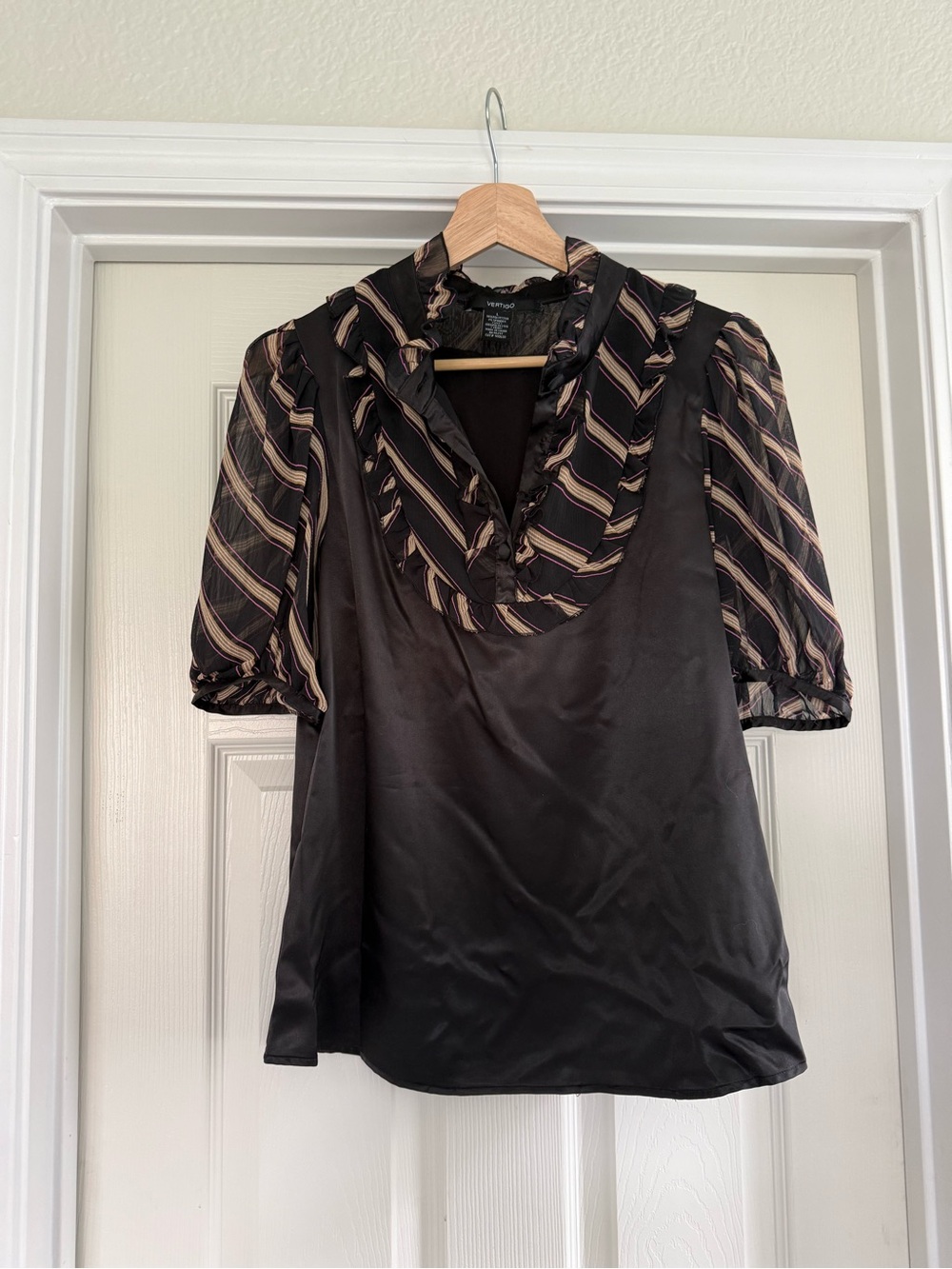 Vertigo Paris Black Blouse with Striped Ruffle Collar